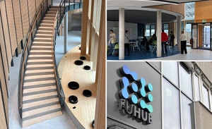 Collage von drei Ansichten des FUHUB. Linkes Bild geschwungene Treppe aus Holz. Bild rechts oben: Foyer mit Säulen und Menschen. Bild rechts unten: Außenansicht des Gebäudes mit Logo des FUHUB