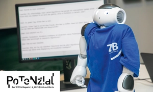 Humanoider Roboter mit einem blauen ZIB-Trikot